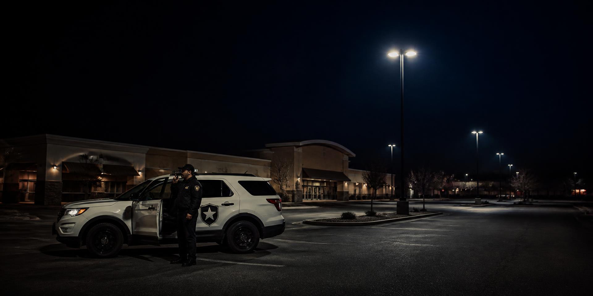 United Protective patrol vehicle and officer outside a Central Florida shopping plaza at night