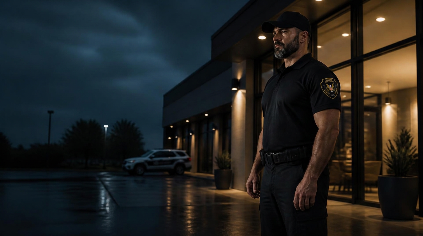 Uniformed United Protective security officer on post outside a lit Central Florida commercial building at blue hour