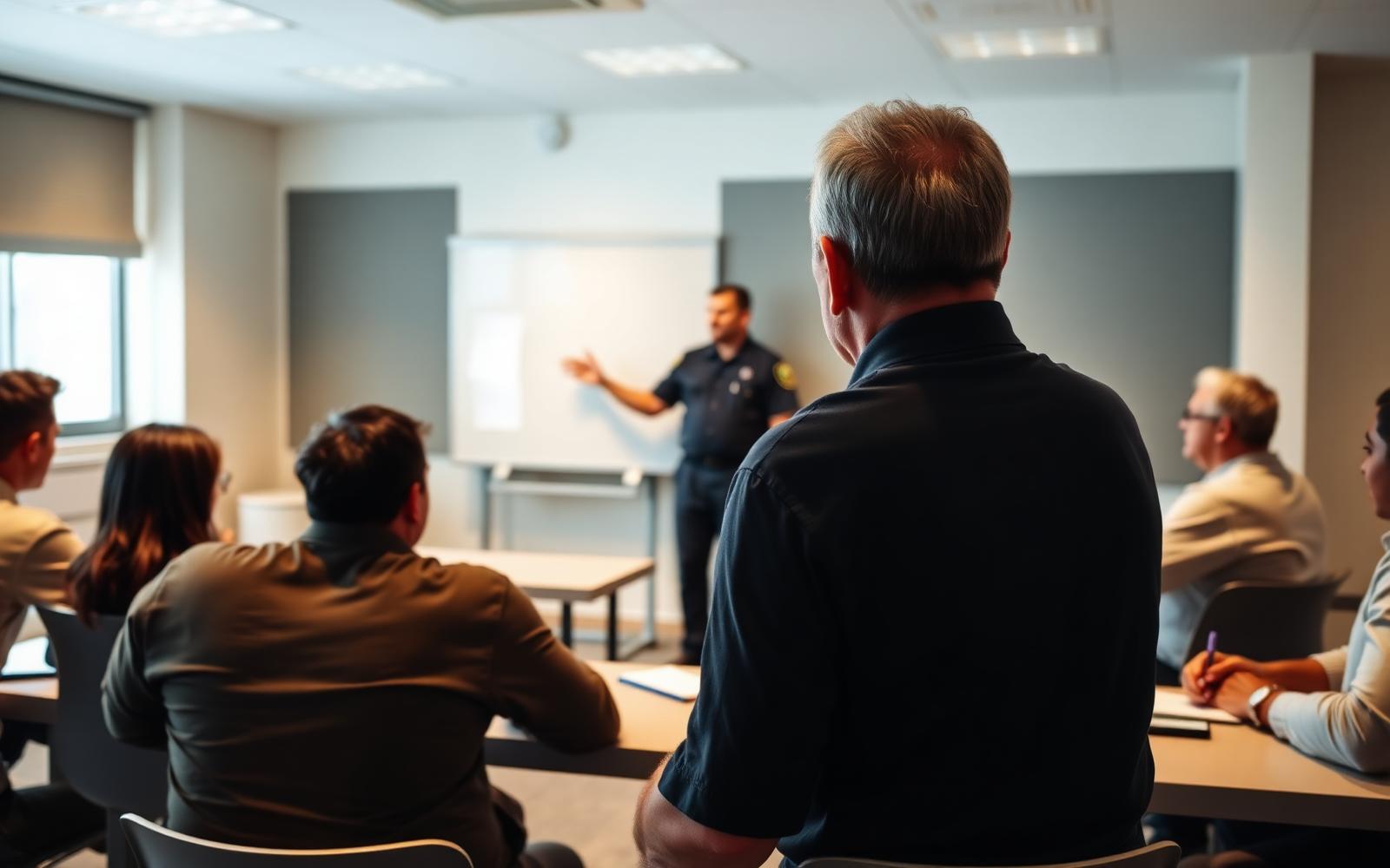 Instructor teaching a Florida Class D security officer class to adult students in a modern classroom